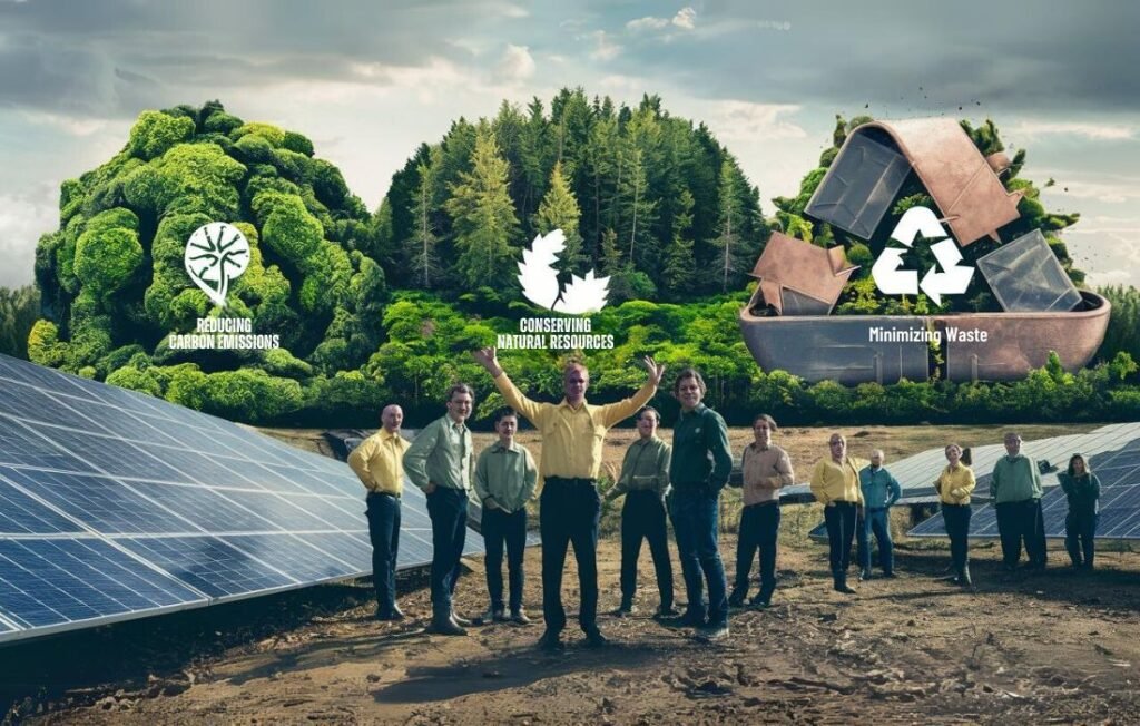 Employees standing in front of a solar farm.