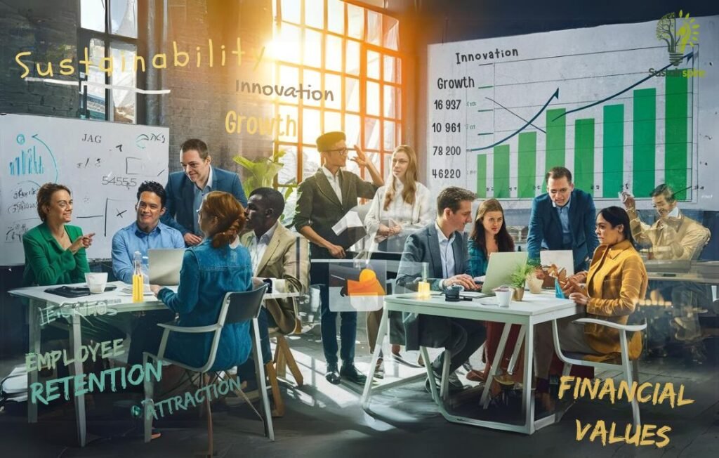 A group of diverse employees brainstorm ideas in a modern office, for Economic Sustainability.