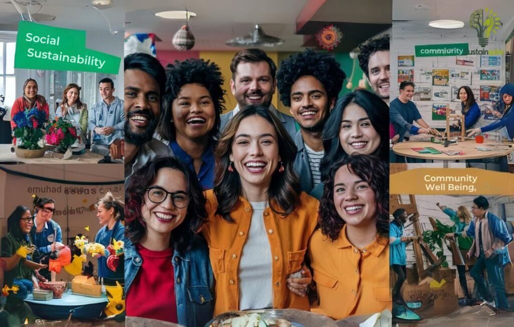 A group of diverse people of all ages are smiling and laughing together in a variety of settings.