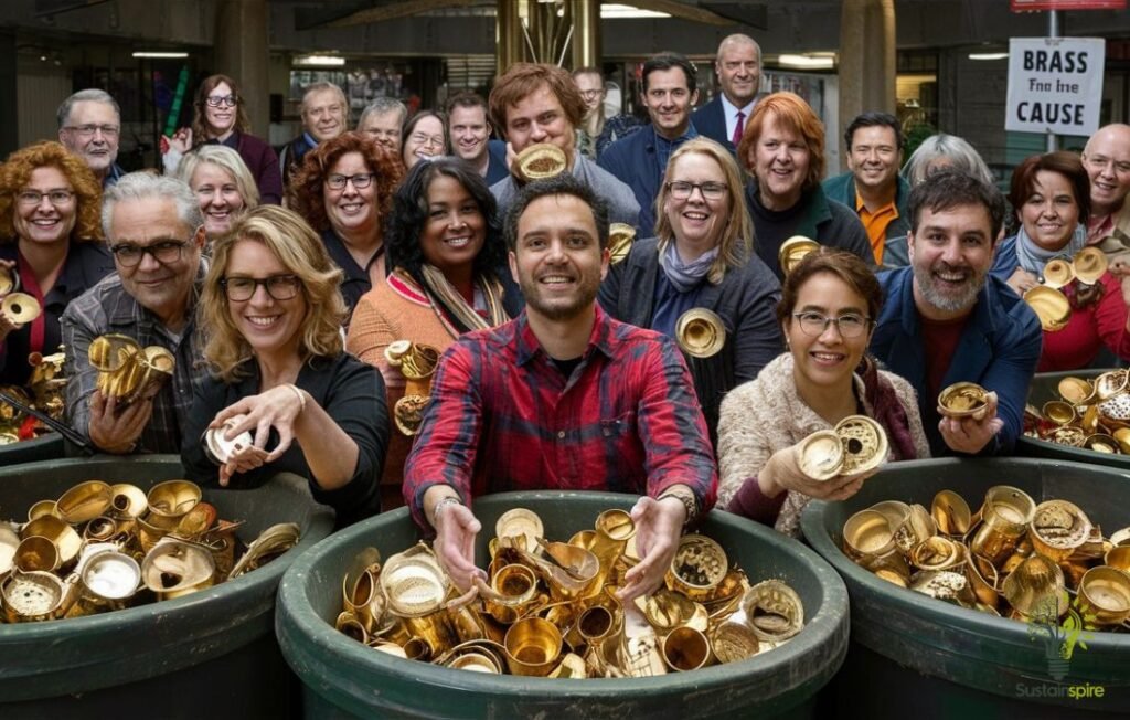 People hold up brass objects from three large bins.