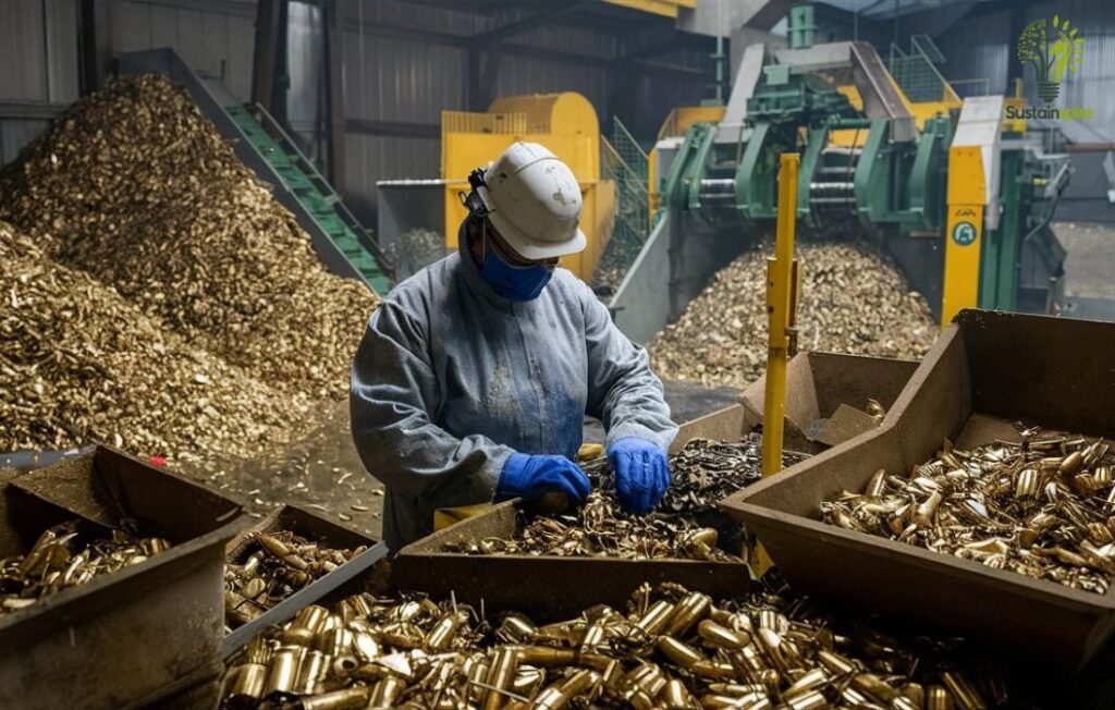 Brass shell casings are sorted for recycling.