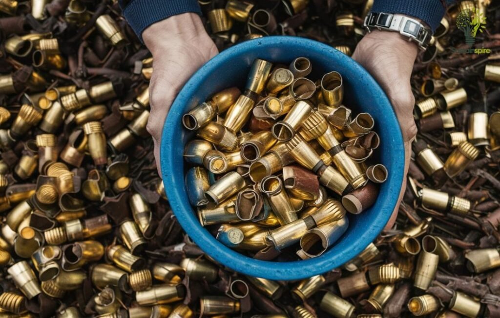 A person is holding a blue bowl filled with scrap metal.