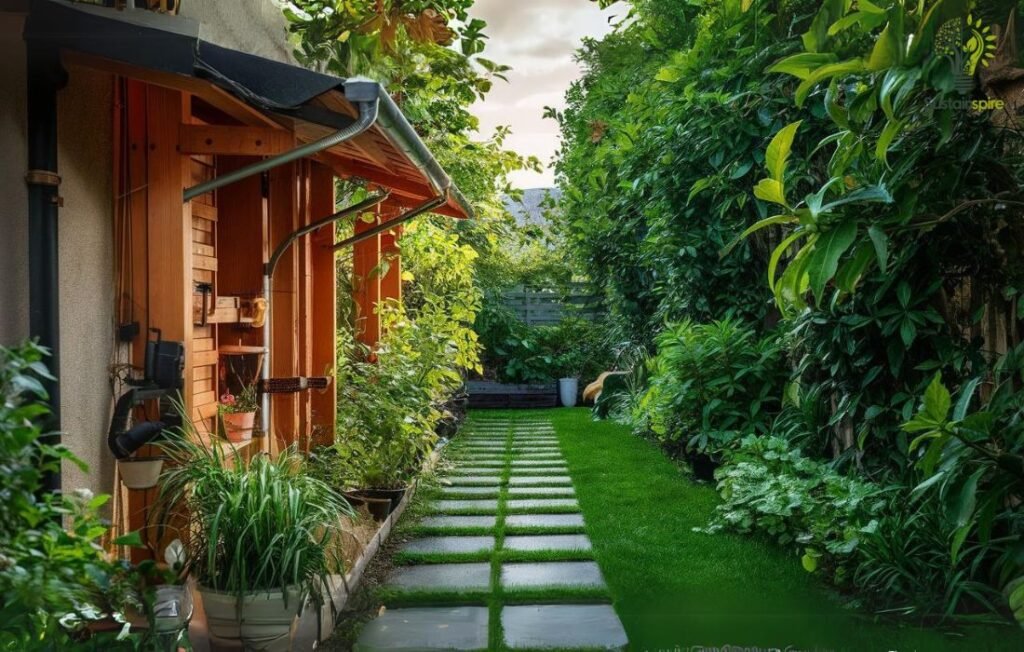 A stone pathway winds through a lush garden, showcasing the benefits of rainwater.