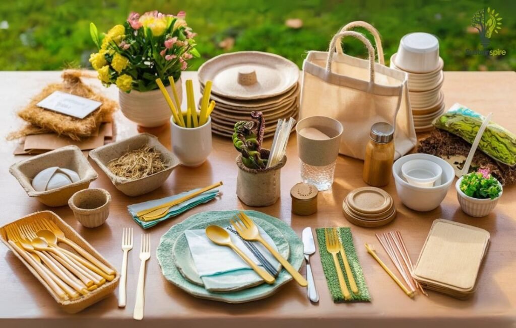 Table setting with a variety of biodegradable options for plates, cups, and cutlery.