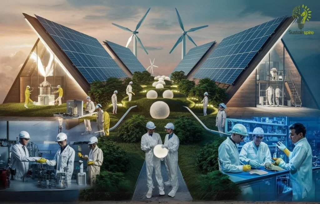 Scientists work in a sustainable lab powered by solar panels and wind turbines, researching sodium carbonate production.