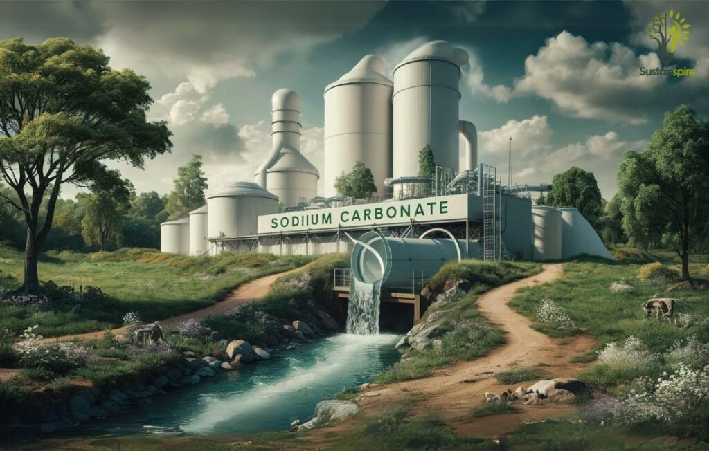 A sodium carbonate production facility with large white silos stands beside a stream in a green field.