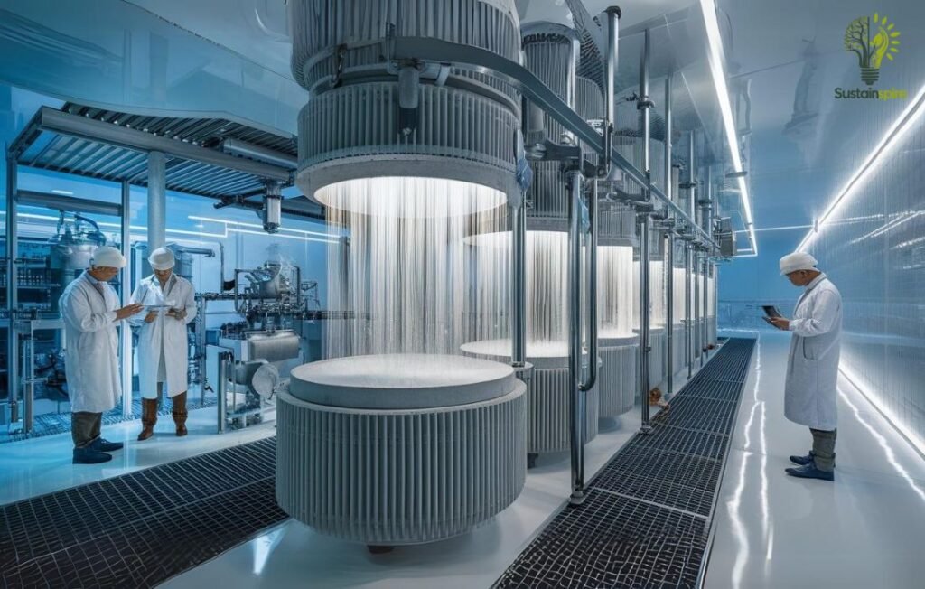 Two scientists monitor a modern industrial facility producing sodium carbonate using cleaner production methods.