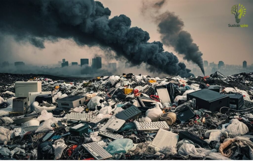 Landfill overflowing with e-waste, highlighting the impact of climate change.