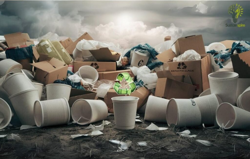 A pile of trash including disposable cups highlights the need for Curbside Recycling.