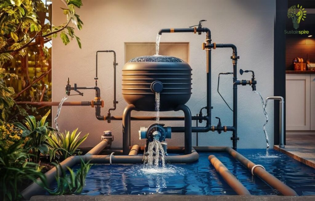 A delivery system with pipes and a large tank, showcasing water flowing through the system.