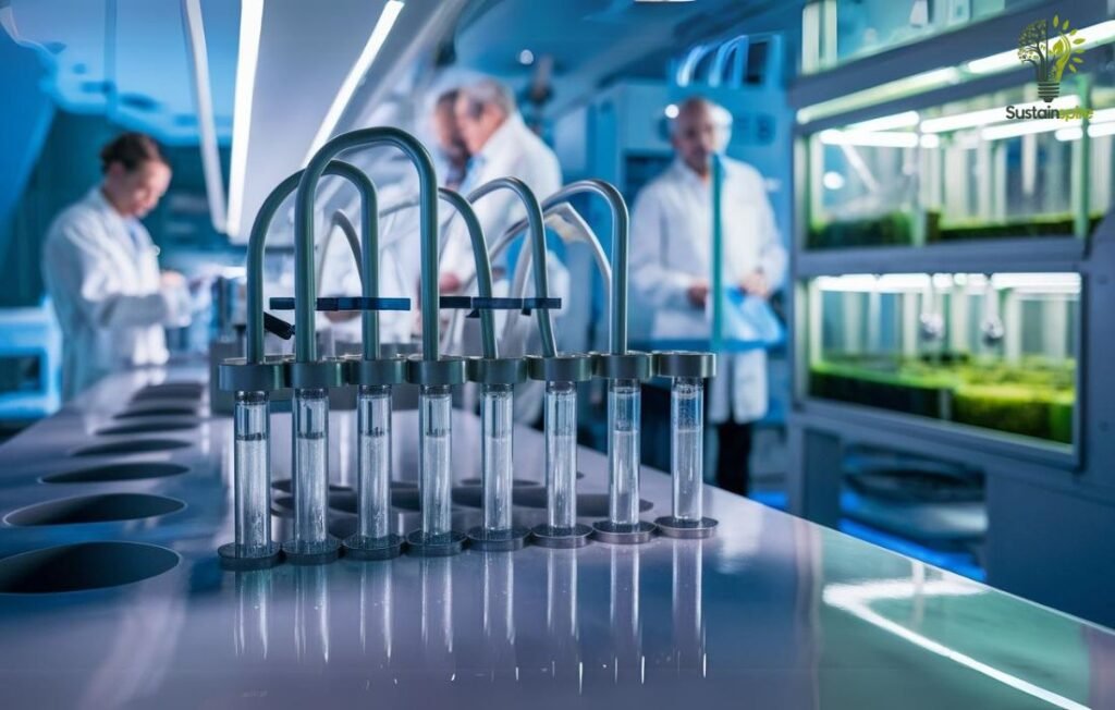Scientists conducting research in a lab with test tubes and plant samples, focusing on sustainable Soda crystals production.