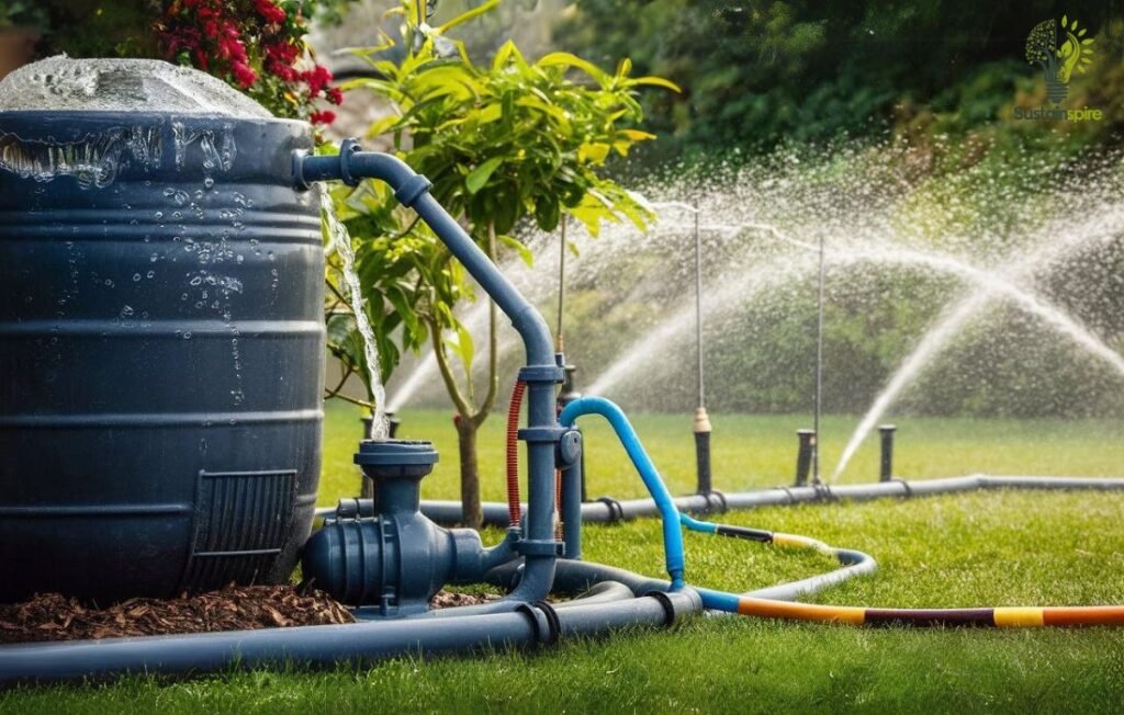 Direct pump system watering a garden with sprinklers.