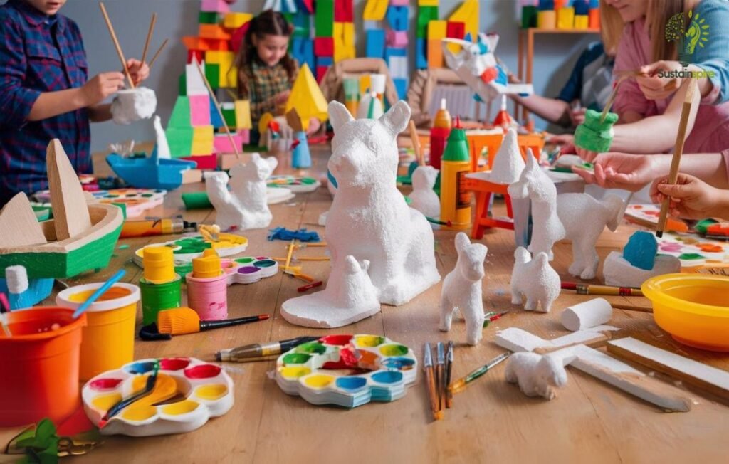 Children enjoy a DIY crafts session, painting Styrofoam animals and shapes.