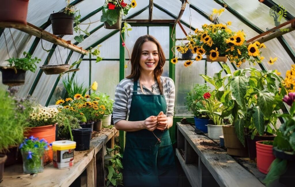 A young woman stands inside a greenhouse. She is gardening.