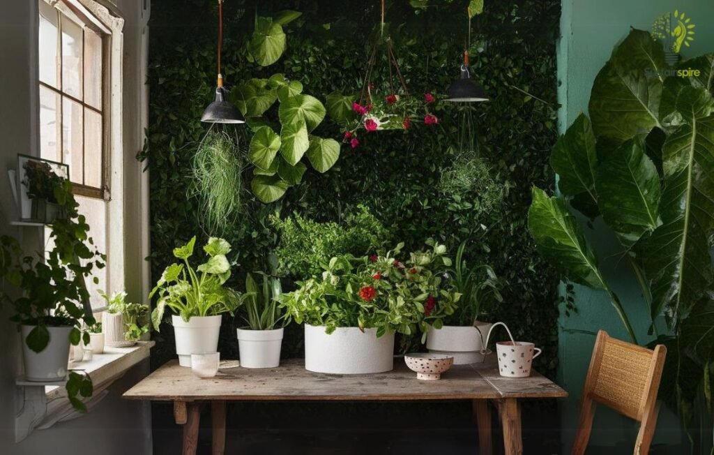 Indoor garden with lush plants and a DIY planter showcasing creative Gardening Hacks