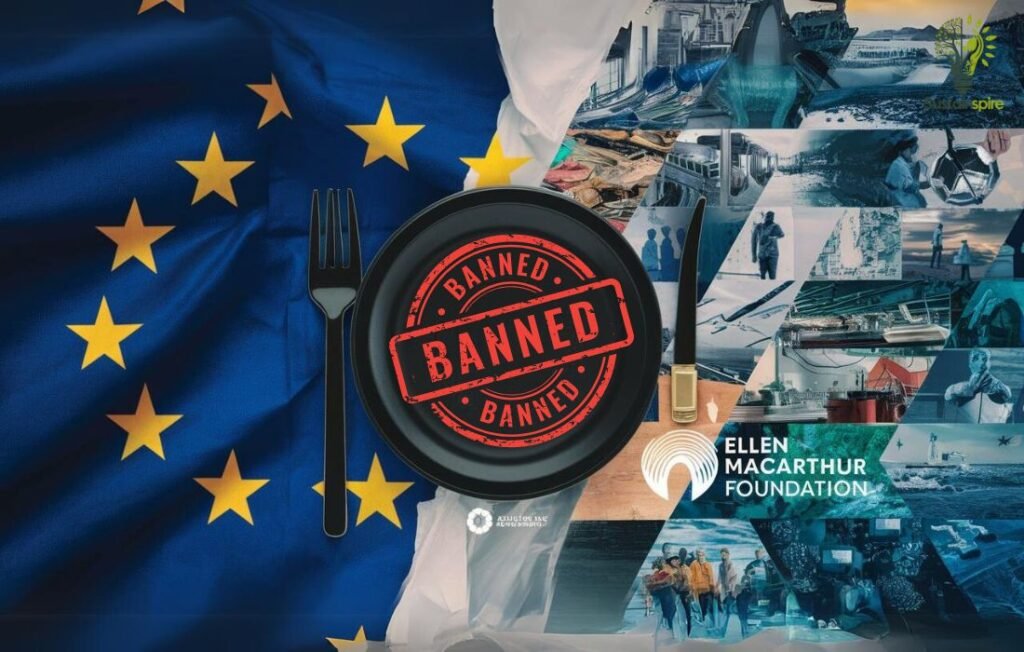 EU flag and recycling symbol on a plate, highlighting govt and industry initiatives against black plastic.