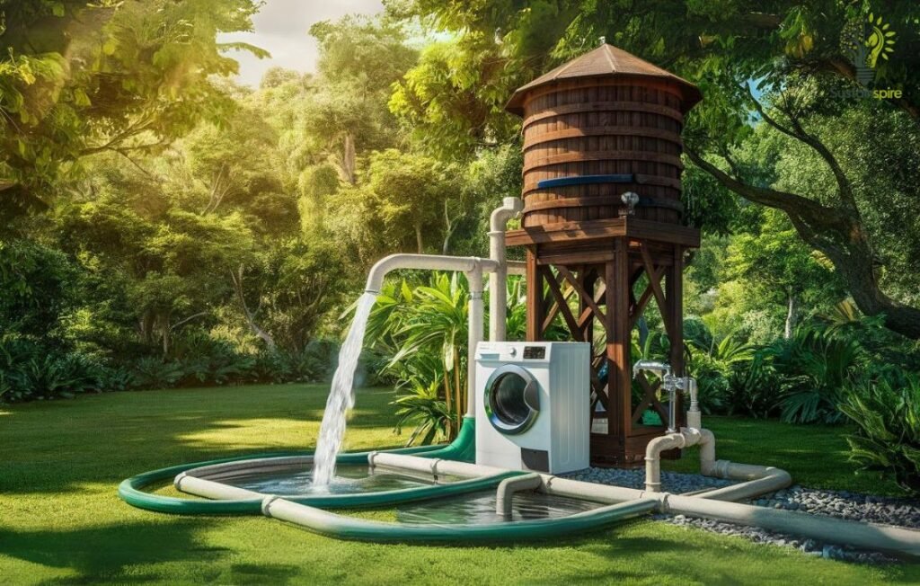 Gravity fed system using a water tower to power a washing machine.