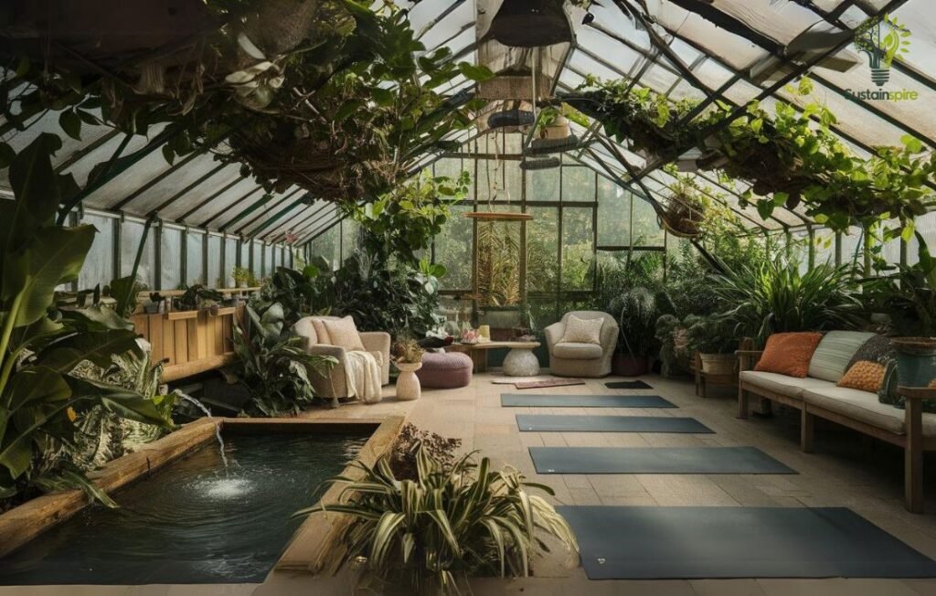 A yoga studio set up inside a lush greenhouse filled with plants and natural light.