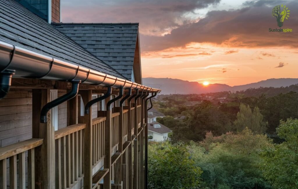 Gutters and downspouts on a house with a sunset in the background.