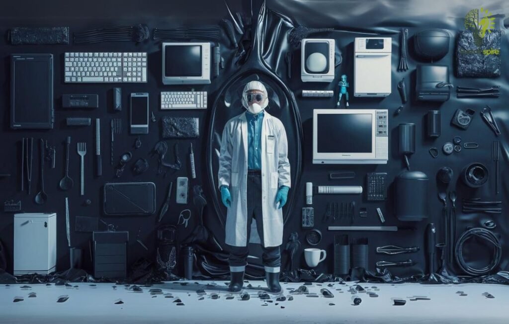 A scientist surrounded by black plastic items, highlighting the potential health impact.