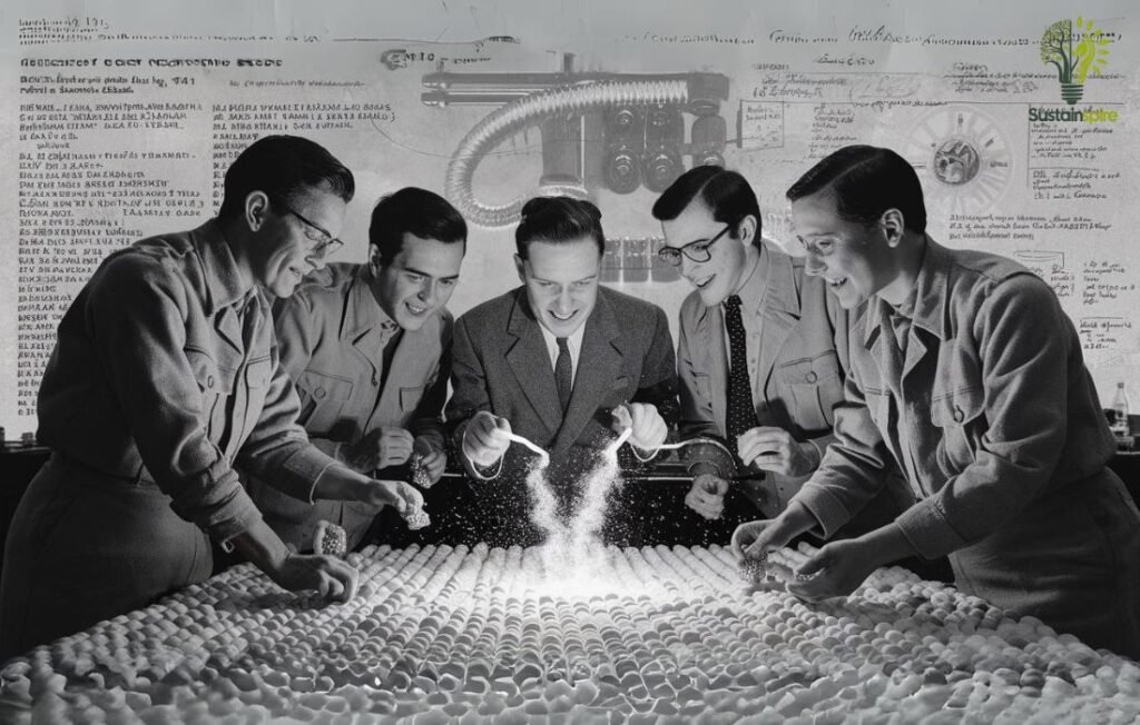 A few men in a lab coat examine small white beads, illustrating the early History of EPS.