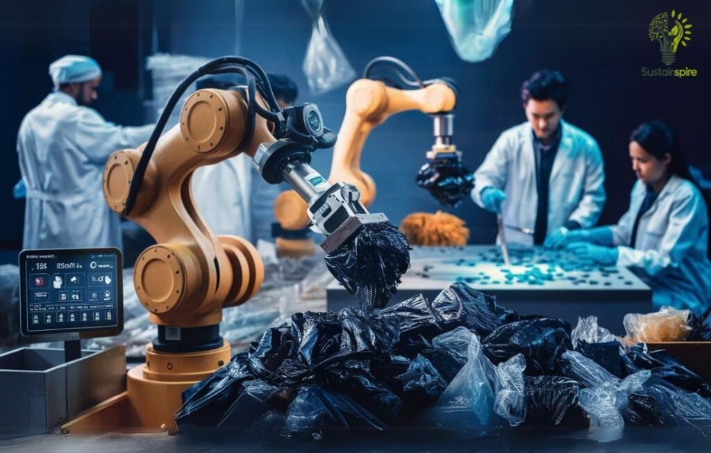 Robotic arm sorting black plastic waste, showcasing innovations in technologies.