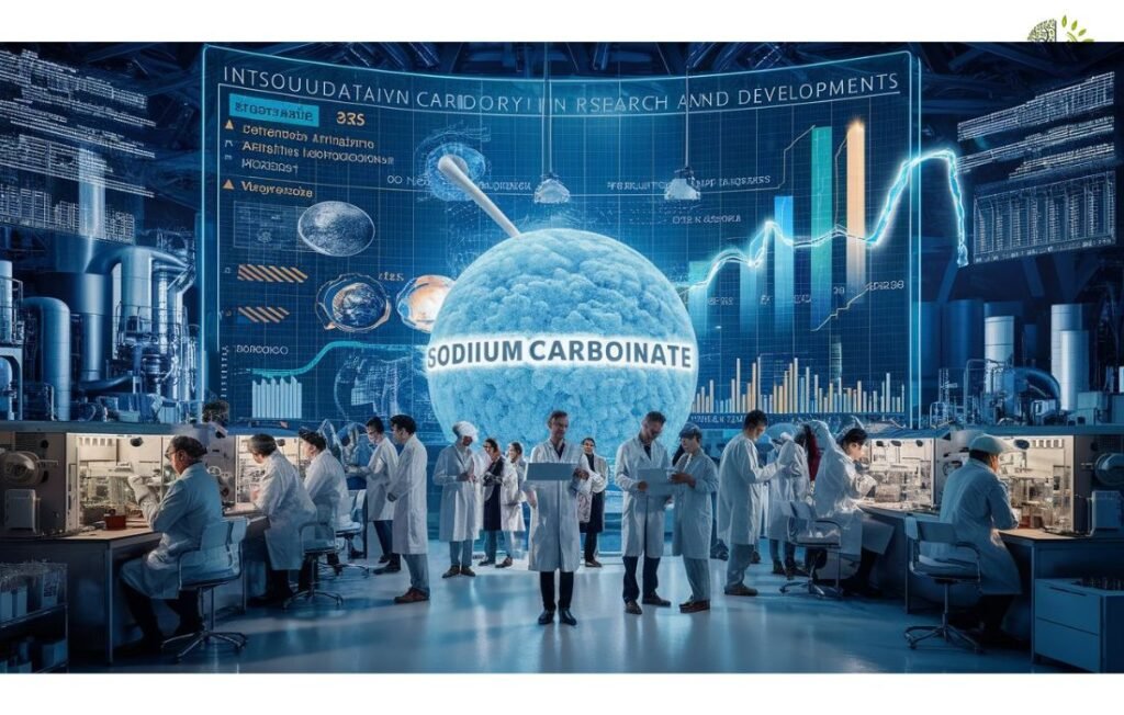 A group of scientists in a modern laboratory are working on research and development for sustainable Na2CO3 production.