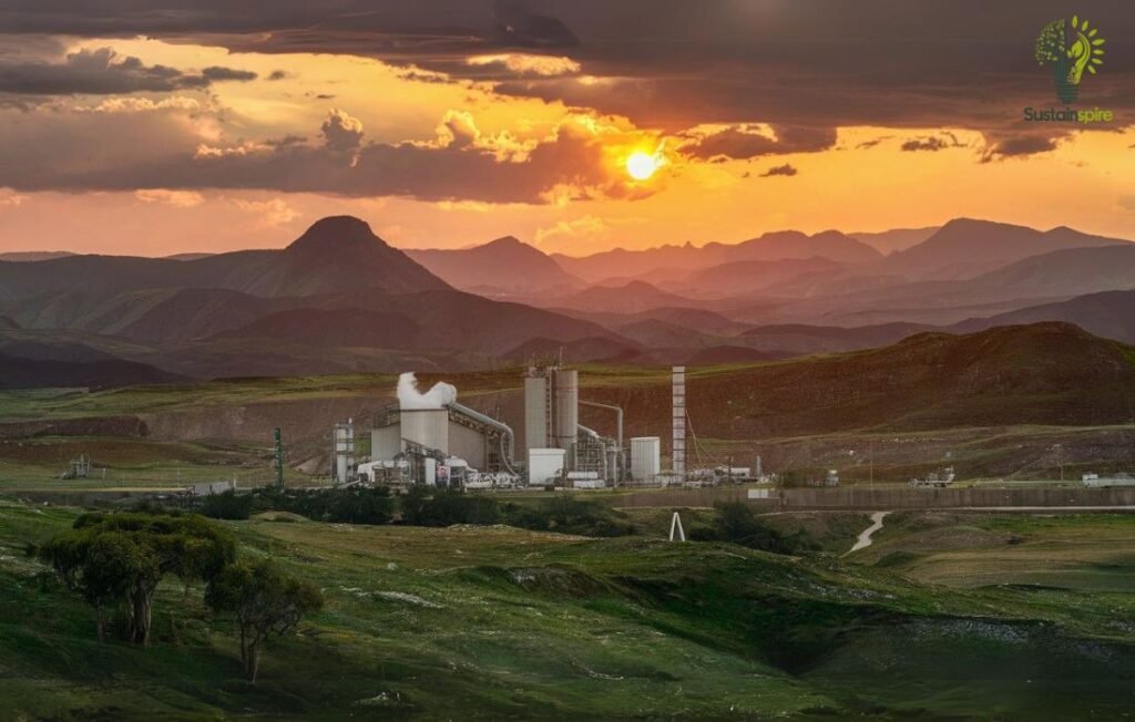 A sodium carbonate production facility nestled within a valley at sunset, highlighting land use and waste management considerations.