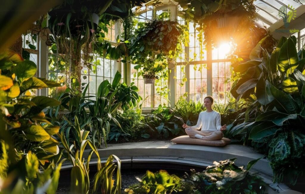 A person meditates in a sunny greenhouse surrounded by lush green plants, promoting mental wellbeing and peace.
