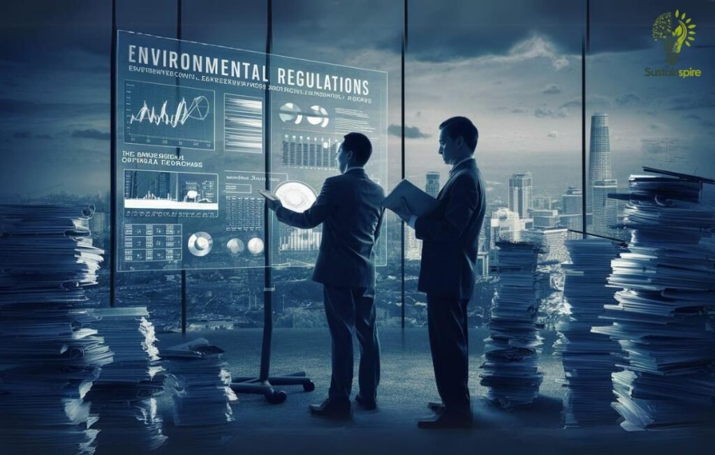 Two men analyze environmental regulations on a digital display, surrounded by stacks of paper.