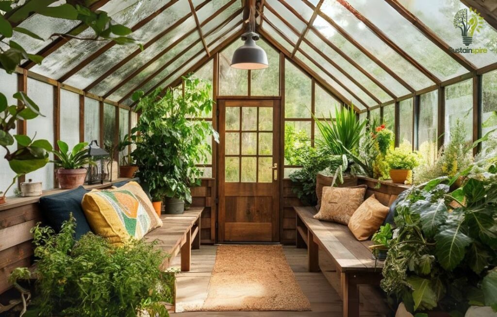 A cozy greenhouse with a glass ceiling and wooden benches filled with lush green plants and colorful pillows.