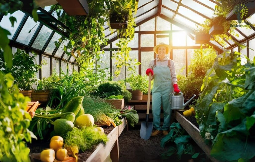 A woman with good physical health and gardening clothes smiles in a greenhouse full of lush plants and vegetables.