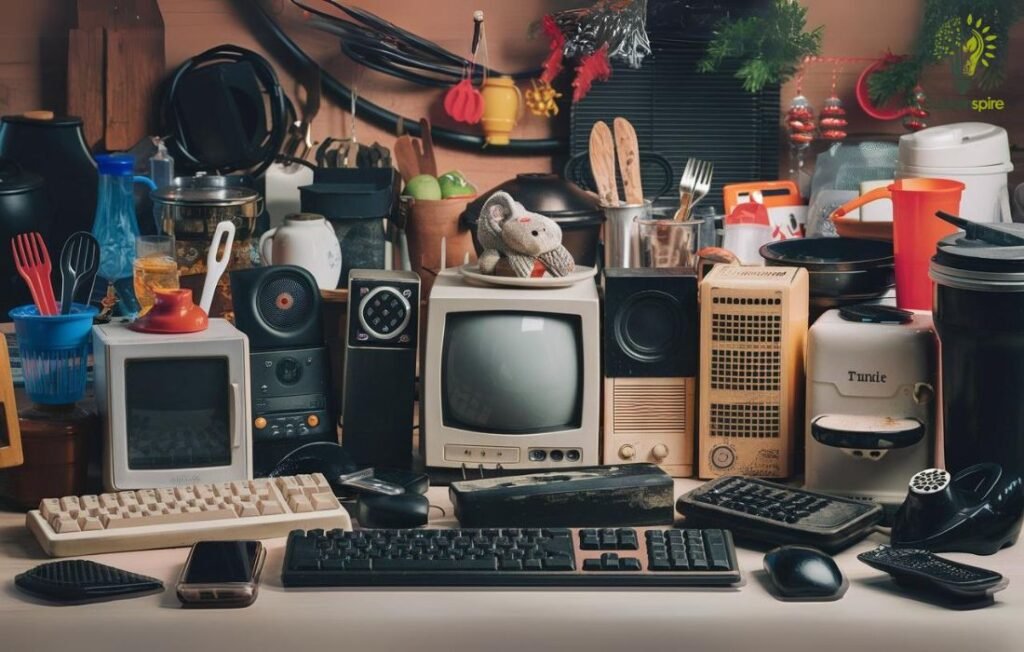 A cluttered desk overflowing with old electronics, highlighting the problem of plastic pollution.