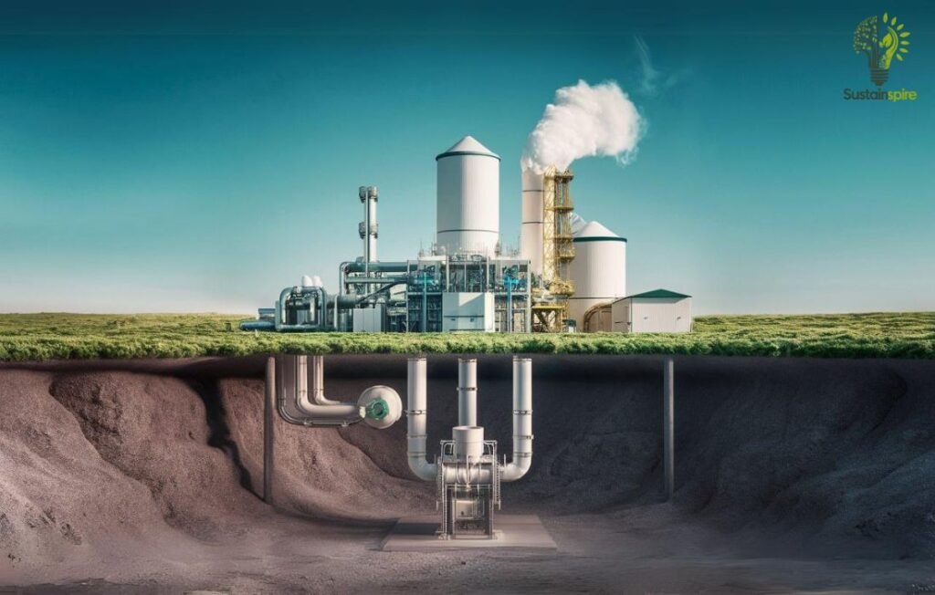 A diagram showcasing a carbon capture and storage facility producing sodium carbonate, promoting sustainability.