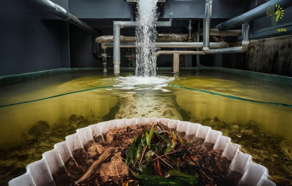 Pre filtration tank collecting leaves and debris before water treatment.