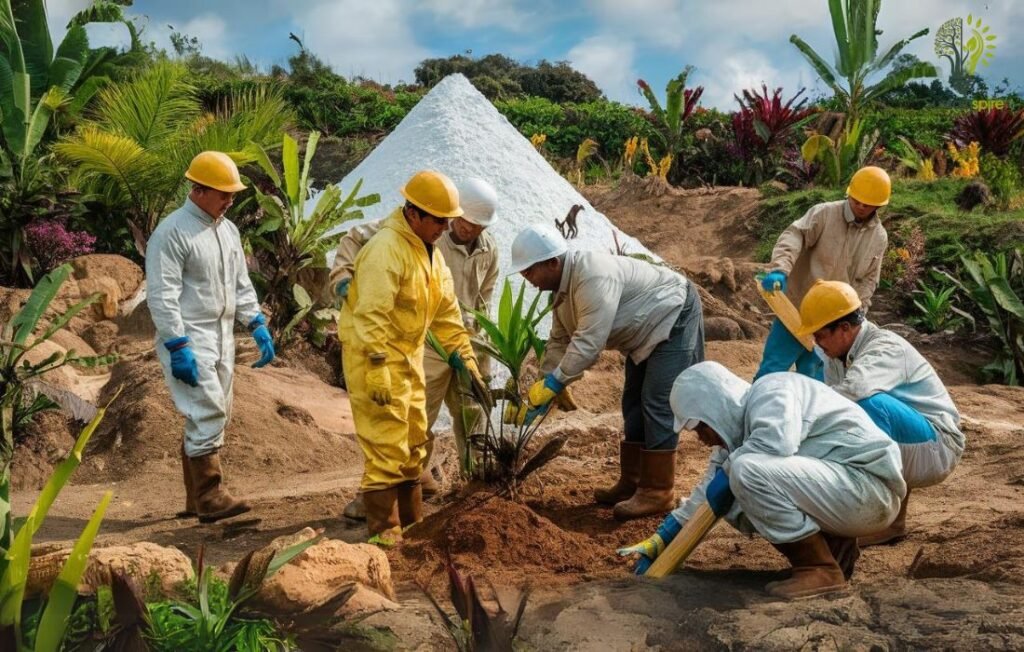 This image showcases a group of workers actively planting a young tree in the vicinity of a production area.