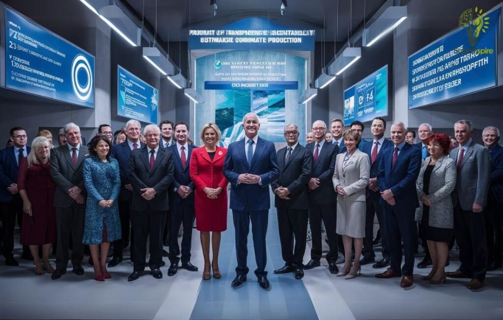 A group of professionals stand together in a modern facility with digital screens displaying information about Soda crystals production, sustainability, and transparency.
