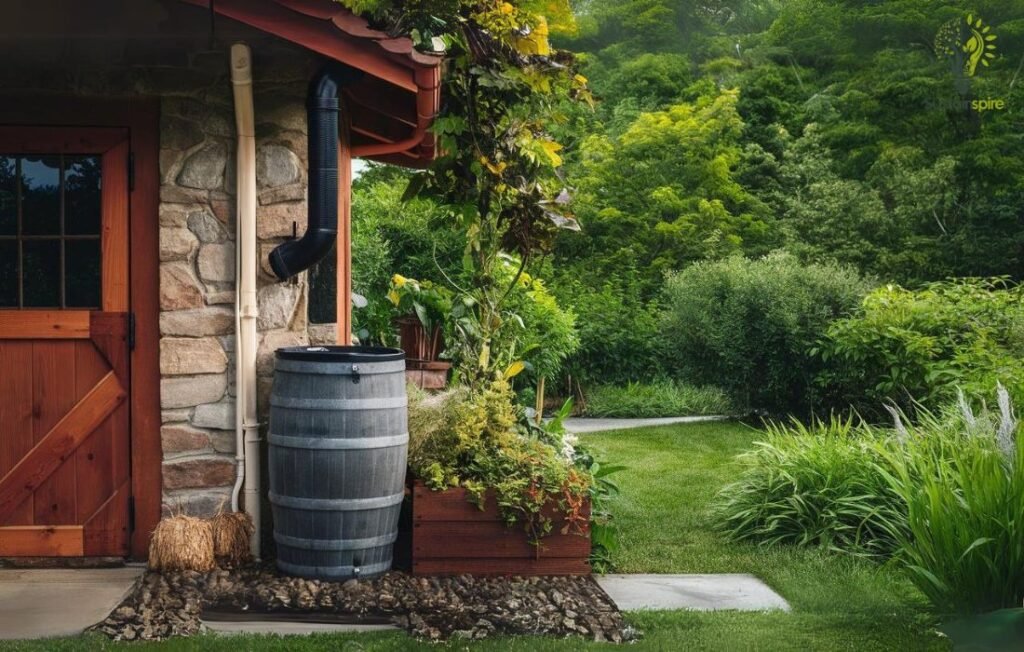 Rain barrel collecting water from downspout in a lush garden.