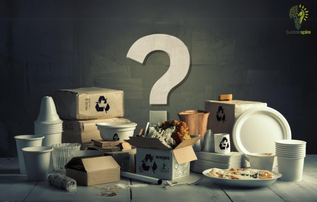 Recyclable or not? Assorted disposable food containers with a question mark.