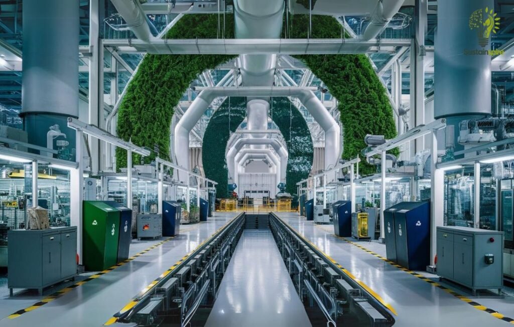 Modern production facility with green walls for reduced emissions and waste.