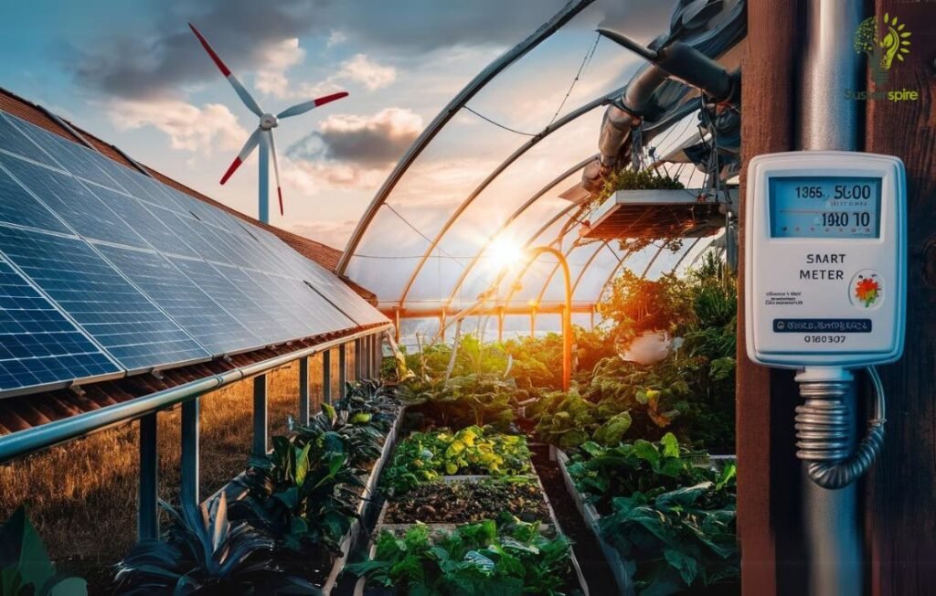 A greenhouse powered by solar panels and a wind turbine, with a smart meter displaying renewable energy usage.