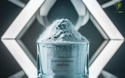 A glass container filled with white sodium carbonate powder