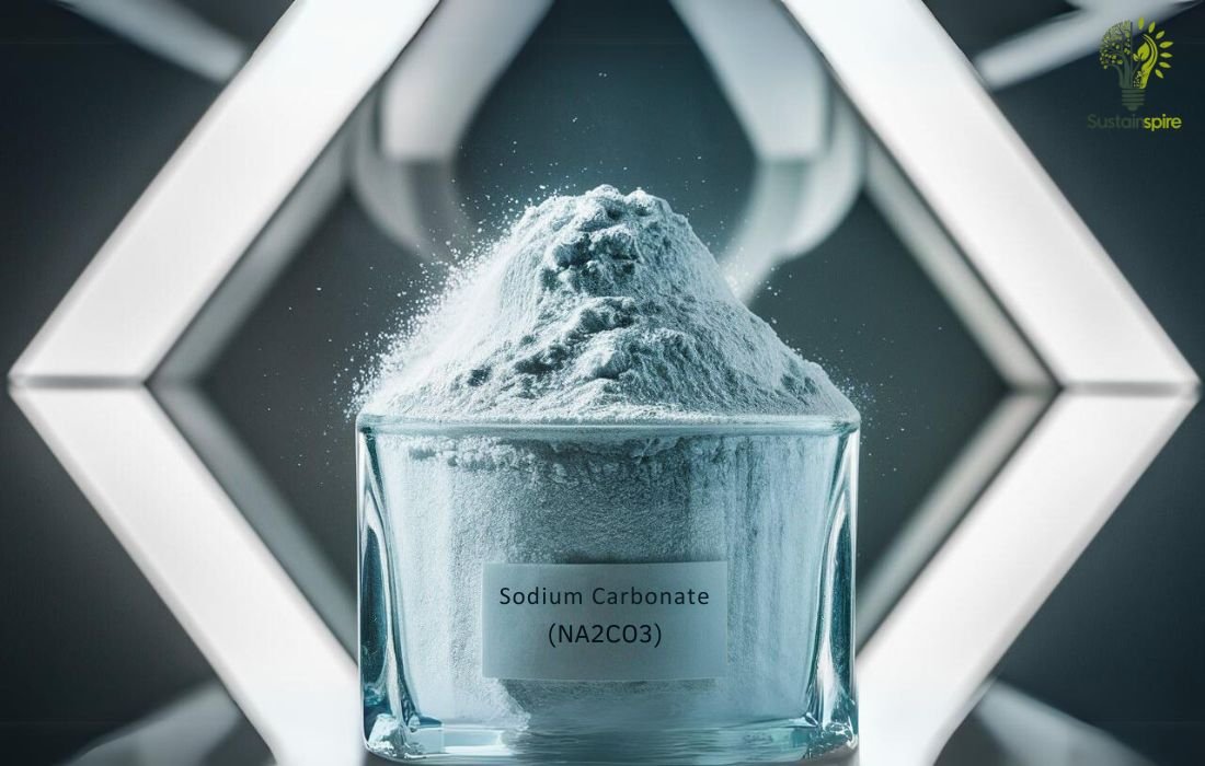 A glass container filled with white sodium carbonate powder