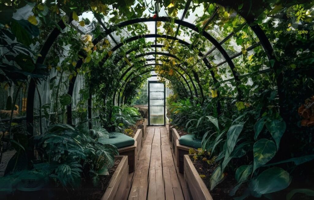 A lush solarium with a wooden walkway lined with benches and overflowing with greenery.