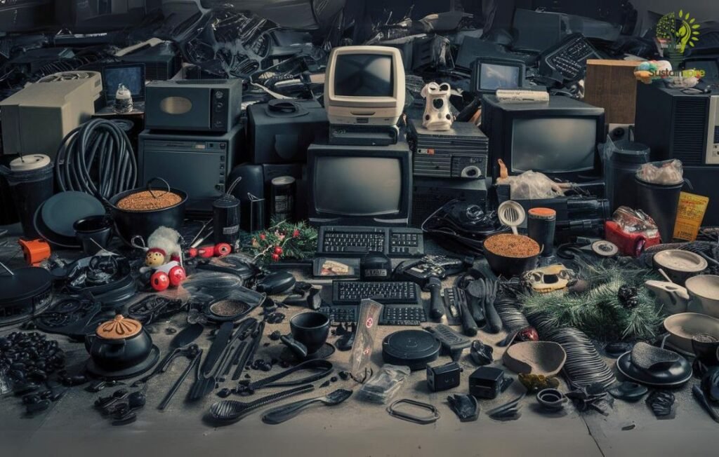 This photograph captures a powerful art installation highlighting the spread of black plastic waste.