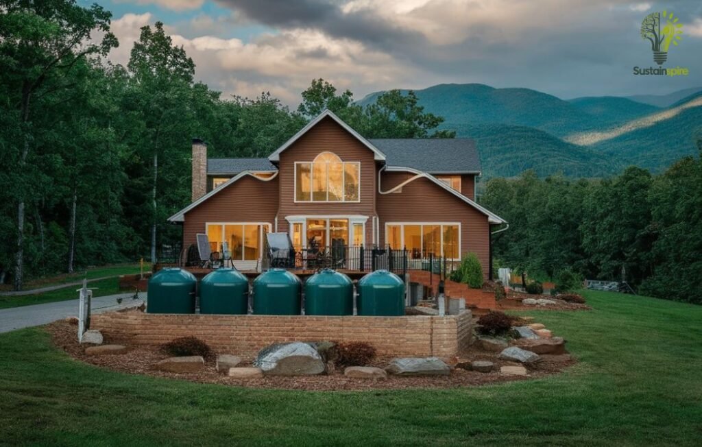 Four rain water storage tanks in front of a large house.