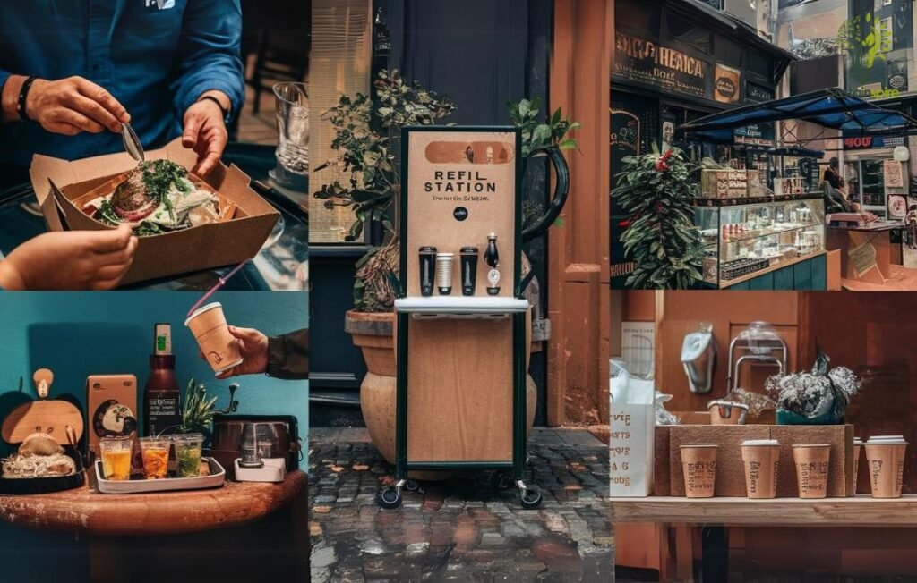 A collage showcasing a variety of eco-friendly food and beverage options, encouraging consumers to Support Businesses with sustainable practices.
