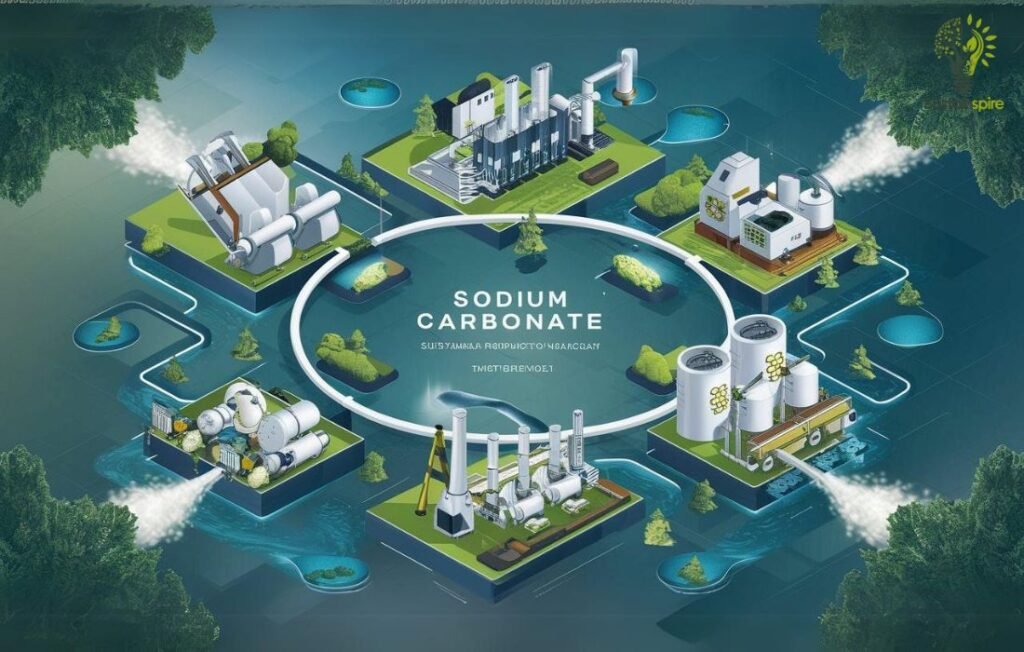 The illustration presents a comprehensive view of a sustainable soda ash production facility.
