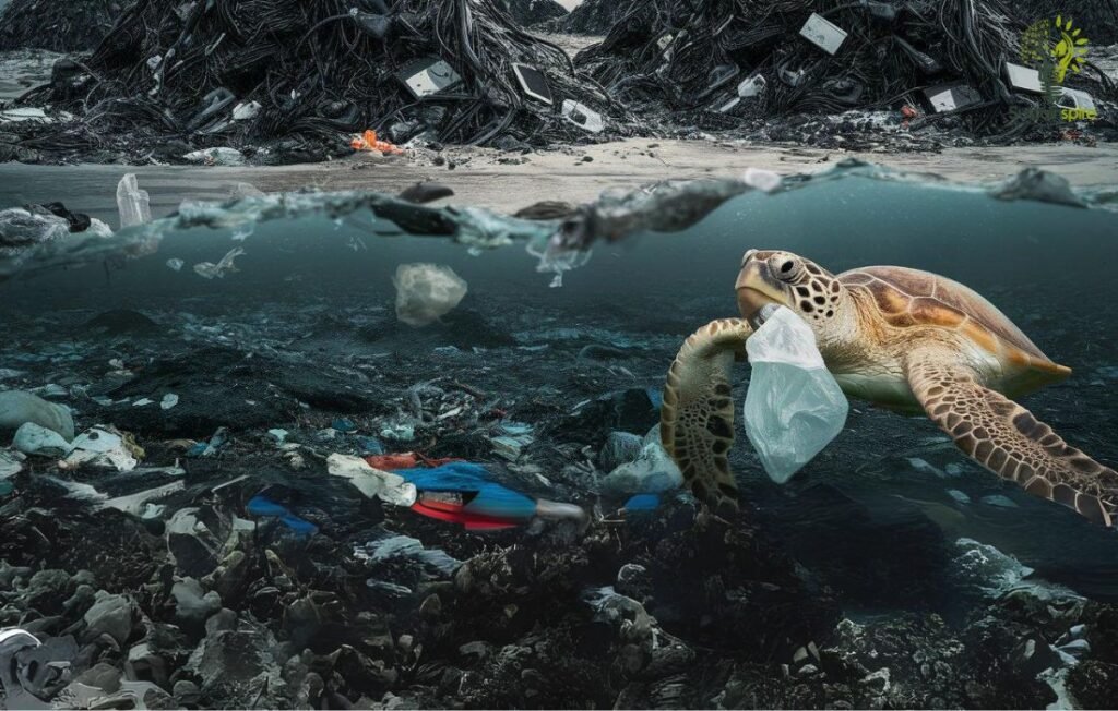 A sea turtle tries to eat a plastic bag amidst a polluted ocean, illustrating the threat to marine life.