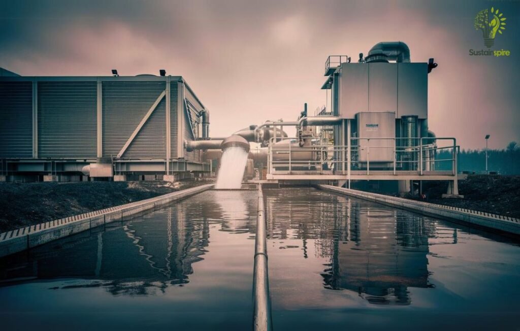 A water treatment facility with pipes and tanks, showcasing water conservation efforts in soda ash production.